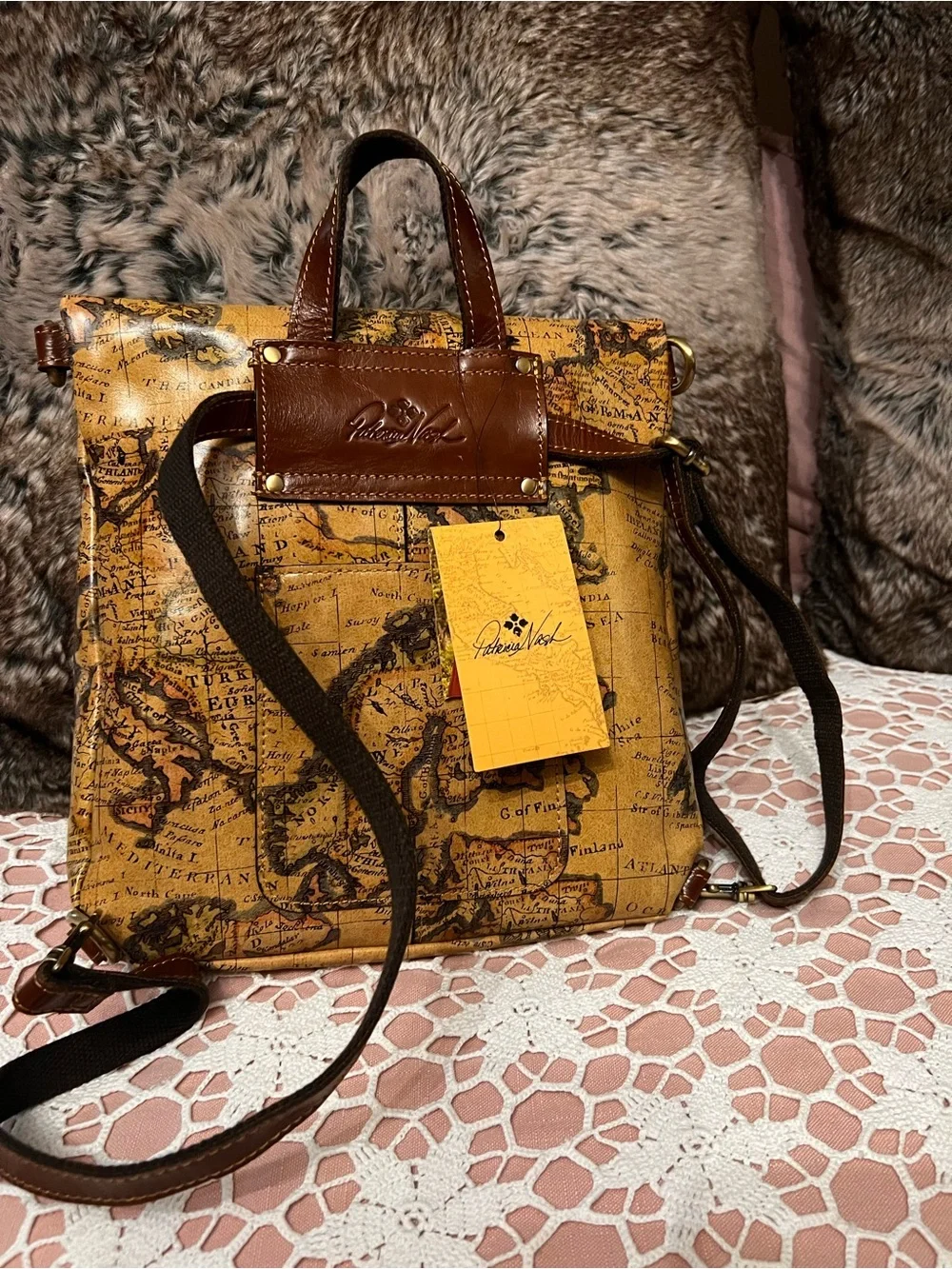 Patricia Nash Yellow Map-Print Leather Backpack